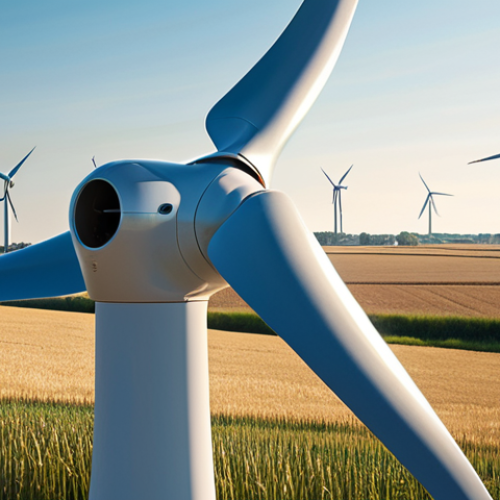 Home 11 **Prompt:** A close-up photograph of wind turbine blades featuring biomimicry design inspired by humpback whale flippers. The blades should be in motion, set against a backdrop of a sunny Flevoland landscape with traditional Dutch windmills in the distance. Focus on the aerodynamic curves and textures of the blade surface, creating an image that is both technical and aesthetically pleasing.