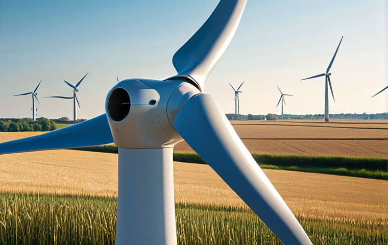 **Prompt:** A close-up photograph of wind turbine blades featuring biomimicry design inspired by humpback whale flippers. The blades should be in motion, set against a backdrop of a sunny Flevoland landscape with traditional Dutch windmills in the distance. Focus on the aerodynamic curves and textures of the blade surface, creating an image that is both technical and aesthetically pleasing.