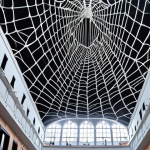 **A gigantic art installation inspired by spiderwebs, made of silver material, hanging from the ceiling of a museum. People are standing underneath, looking up in awe. The installation subtly vibrates in response to changes in weather and the movement of people.**