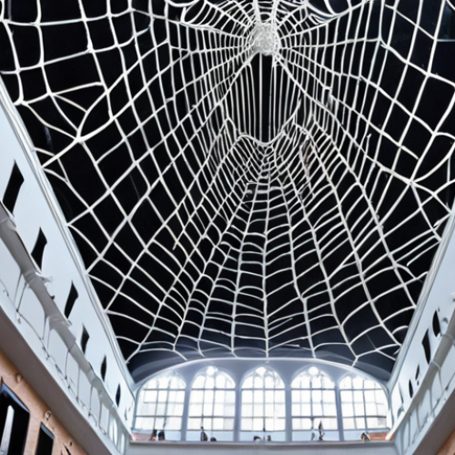 Home 6 **A gigantic art installation inspired by spiderwebs, made of silver material, hanging from the ceiling of a museum. People are standing underneath, looking up in awe. The installation subtly vibrates in response to changes in weather and the movement of people.**
