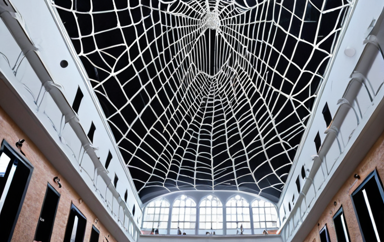 **A gigantic art installation inspired by spiderwebs, made of silver material, hanging from the ceiling of a museum. People are standing underneath, looking up in awe. The installation subtly vibrates in response to changes in weather and the movement of people.**